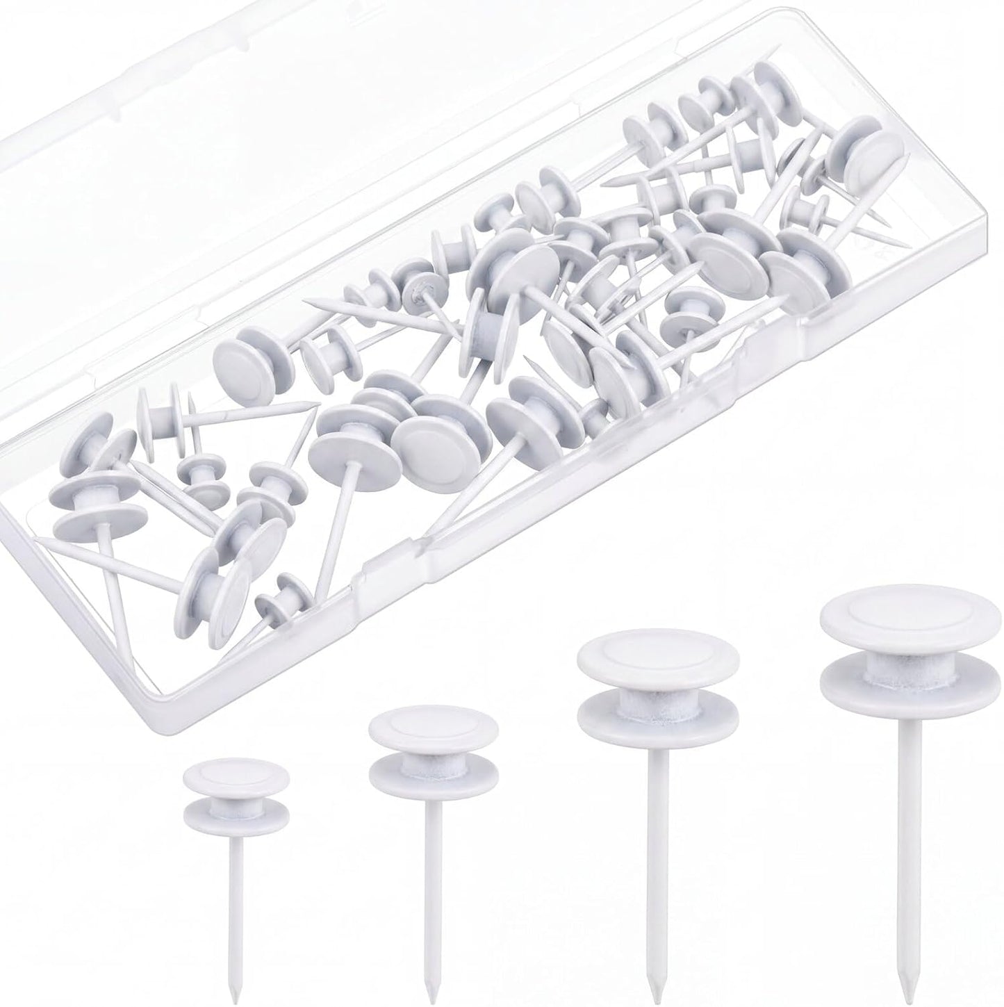 Ferraycle 40 Piece Double Headed Picture Hangers Nails 4 Size Thumb Tacks for Wall Hanging Renter Friendly Decor Heavy Duty Push Pins Wall Nails for Drywall Frame Art, 10/20/ 30/ 50lb (White)