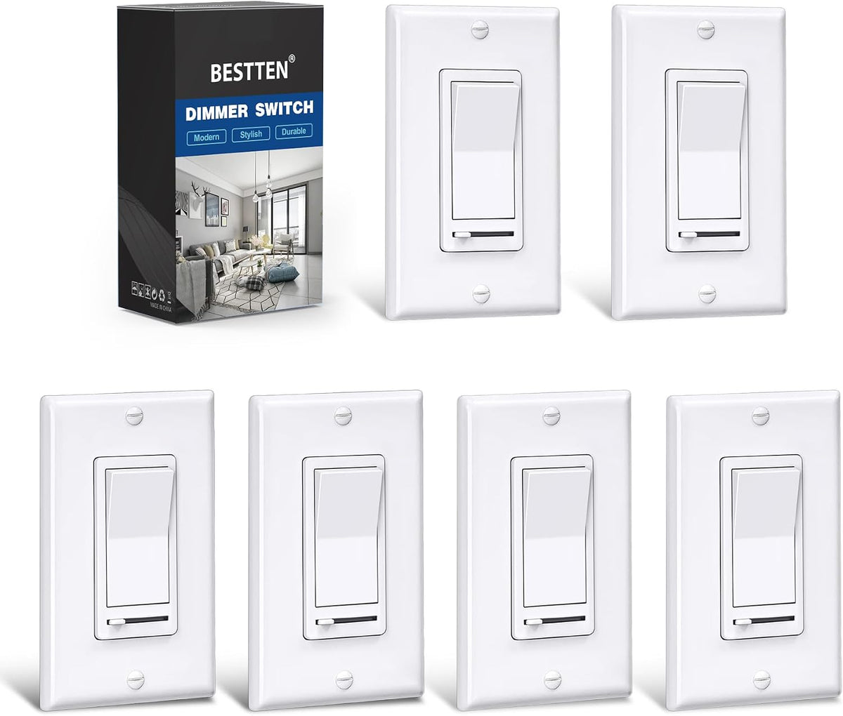 BESTTEN 6 Pack Dimmer Light Switch, LED Dimmer Switch, Single-Pole or 3-Way