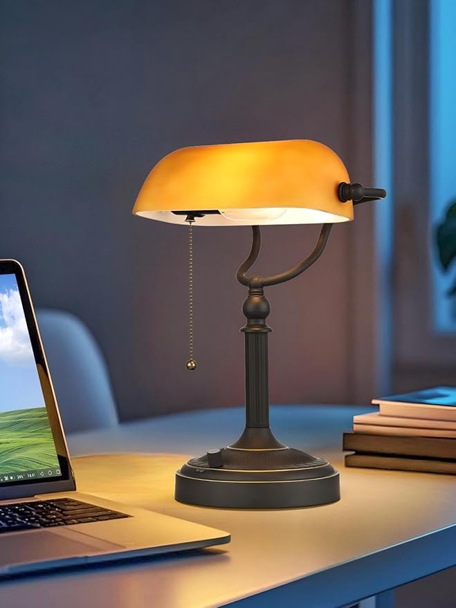 Newrays Matted Amber Glass Bankers Desk Lamp, Stepless Dimmable Table Lamp Plug - Image 4