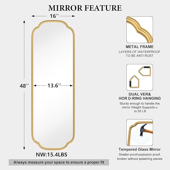 48"x16" Gold Door Mirror Full Length Over The Door - Image 6