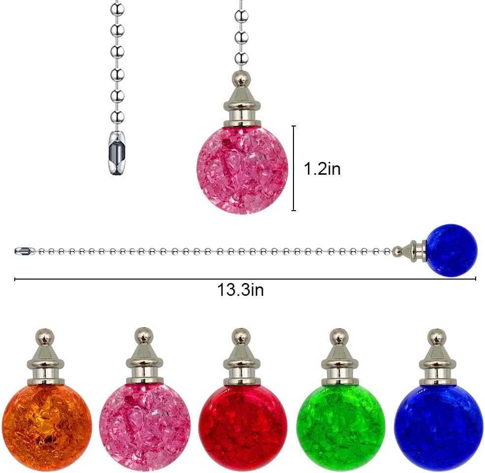 2 Pack Pink Glass Ceiling Fan Pull Chain, Fan Lamp String Pulls Crystal Decorative Extension, 12 Inches Ball Chains Extender Ornament with Connector