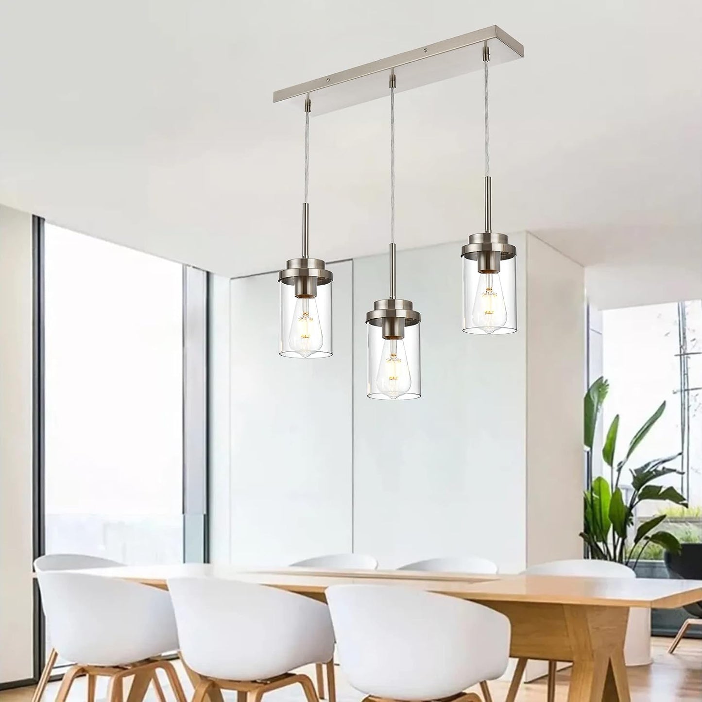 MELUCEE Kitchen Pendant Lighting Over Island 3 Light Brushed Nickel Finish | Linear Chandelier Dining Room Light Fixtures Ceiling Hanging Lamp with Clear Glass Shade, 20.5 Inches Length