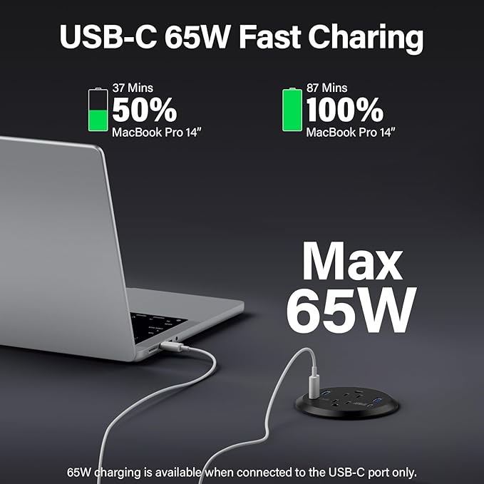 Jgstkcity Desktop Power Grommet, 65W USB C Fast Charging Port, Flush Mount - Image 2