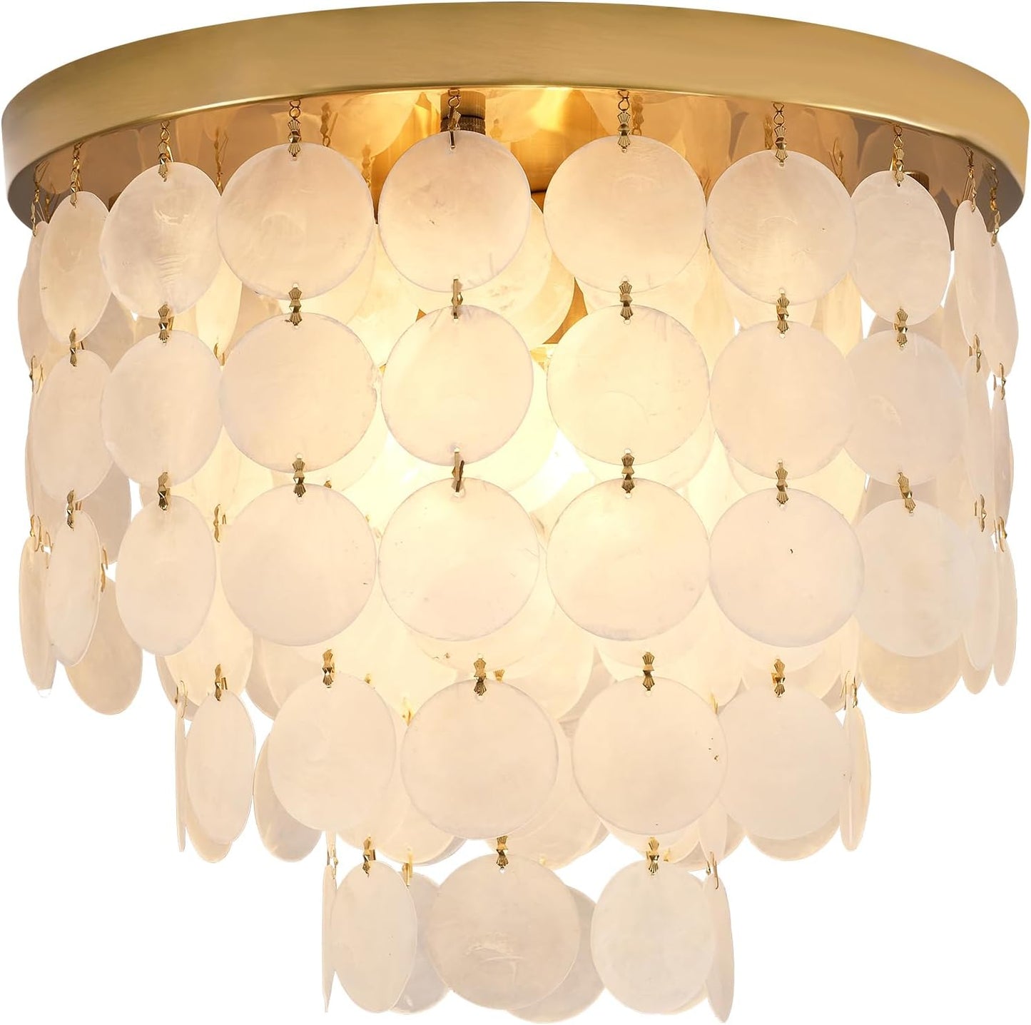 Capiz Shell Chandelier with 3 Tier Shell H12.3'' x D13.8'' Gold Metal Light Fixtures Flush Mount Chandeliers Modern Lighting Fixture for Bedroom Bathroom Office,(More Additional Shell Parts Included)