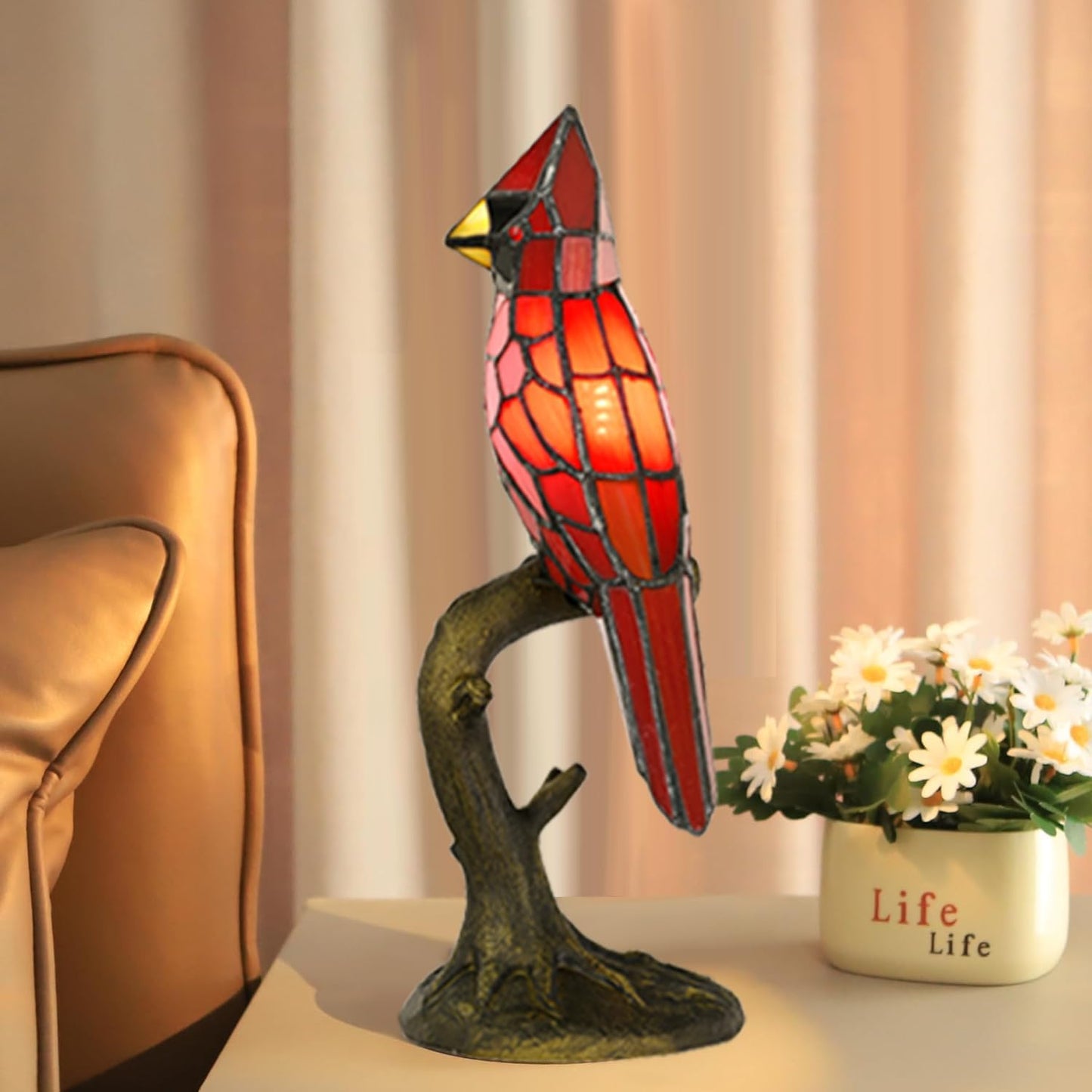A0011 Cardinal Tiffany Style Table Lamp Handmade Stained Glass Red Bird Lamp in Height 14.5" Overall for Bedside Livingroom Bedroom Home, Memorial Gifts, LED Bulb Included (Red Cardinal)