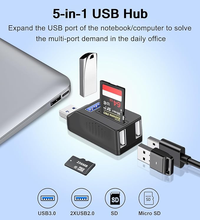 VIENON 5-Port USB 3.0 Hub with SD TF Card Reader, USB Extender Adapter with - Image 2