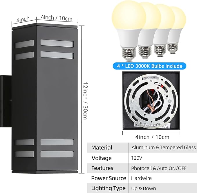 Zinola Dusk to Dawn Outdoor Lighting 2 Pack, Modern Outdoor Wall Lights Black - Image 3
