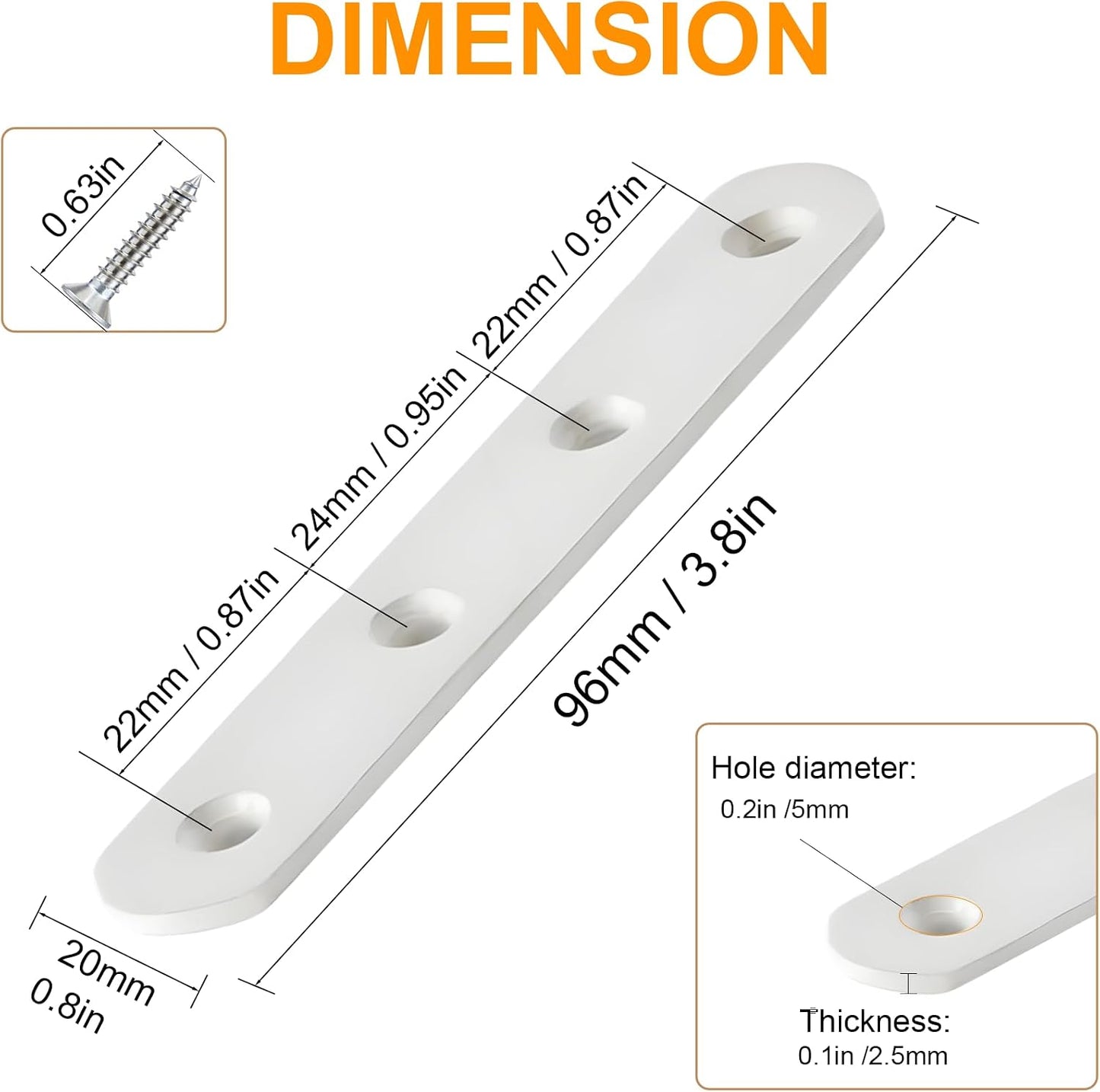 8 Pack 4 Inch Flat Bracket Straight Brace, White Stainless Steel Mending Plates, Heavy Duty Repair Brackets for Wood with Mounting Screws