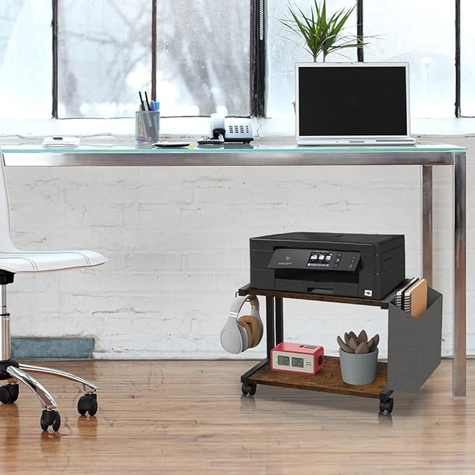 VEDECASA 2 Tier Rustic Brown Wooden Under Desk Printer Stand - Image 2