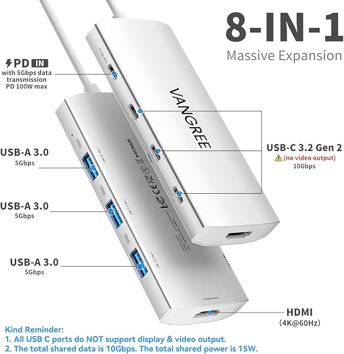USB C Hub 8 in 1 Multiport Adapter, 3 USB 3.2 Gen 2 Ports - Image 2