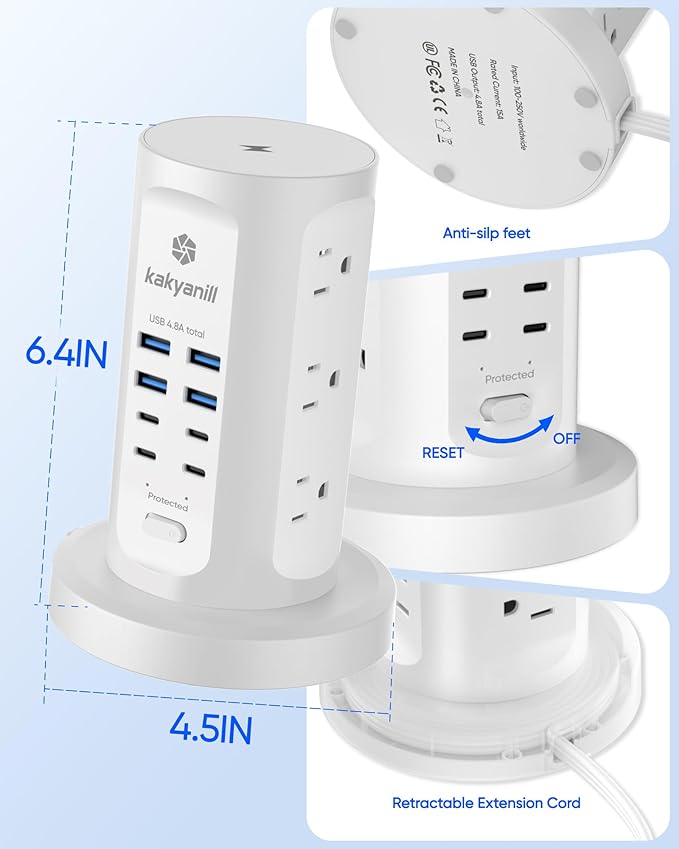 Power Strip Tower, kakyanill Surge Protector Tower 9 AC Outlets 8 USB, 6 Ft - Image 8