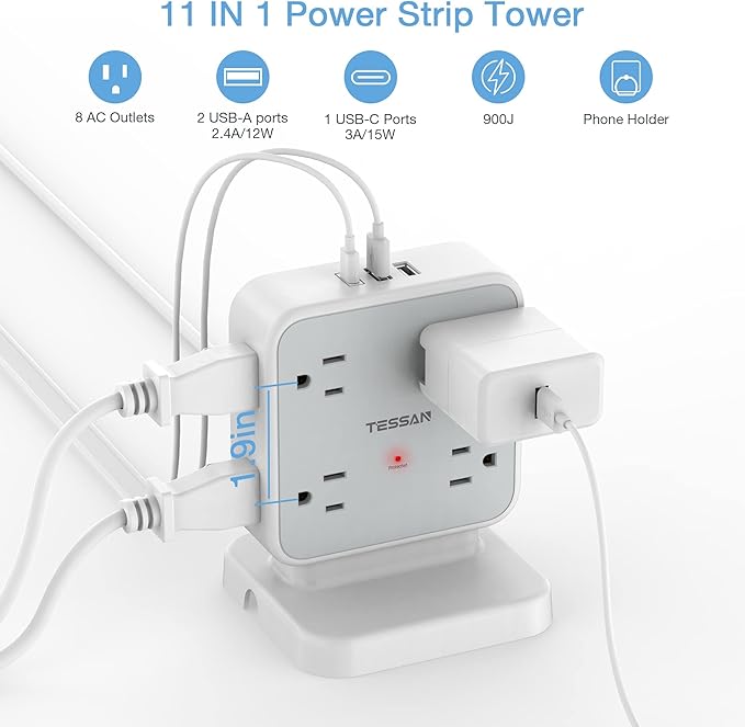 Power Strip Tower Surge Protector, TESSAN 8 AC Outlets - Image 2