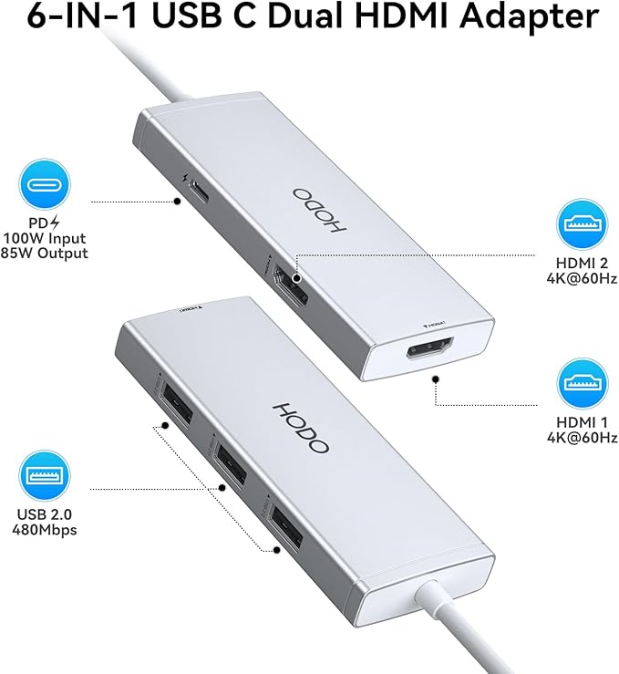 HODO USB C to Dual HDMI Adapter Docking Station Dual 4K 60Hz Monitor, USB C Hub - Image 2