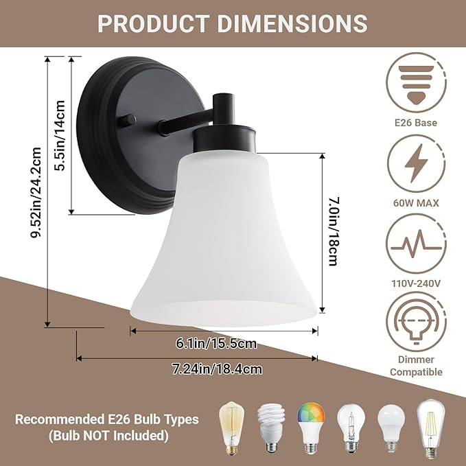 LOUSACE 2 Pack 1-Light Bathroom Vanity Lights Black Vintage Bathroom Lighting - Image 5