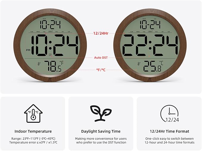Digital Wall Clock with Date, Indoor Temperature, Battery-Operated Digital Clock - Image 5