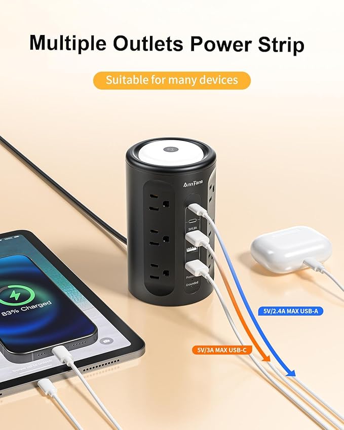AnnTane Power Strip Tower with Night Light, Power Strip Surge Protector with - Image 6