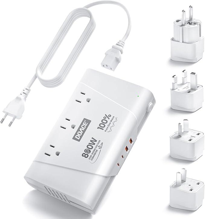 DOACE 800W Travel Adapter Voltage Converter, 220V to 110V Pure Sine Wave by DOACE