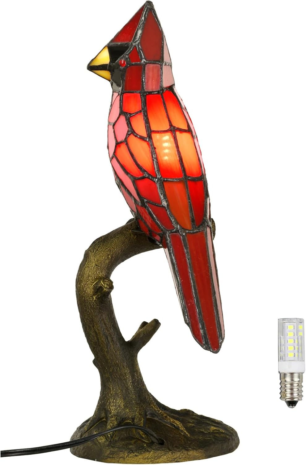 A0011 Cardinal Tiffany Style Table Lamp Handmade Stained Glass Red Bird Lamp in Height 14.5" Overall for Bedside Livingroom Bedroom Home, Memorial Gifts, LED Bulb Included (Red Cardinal)