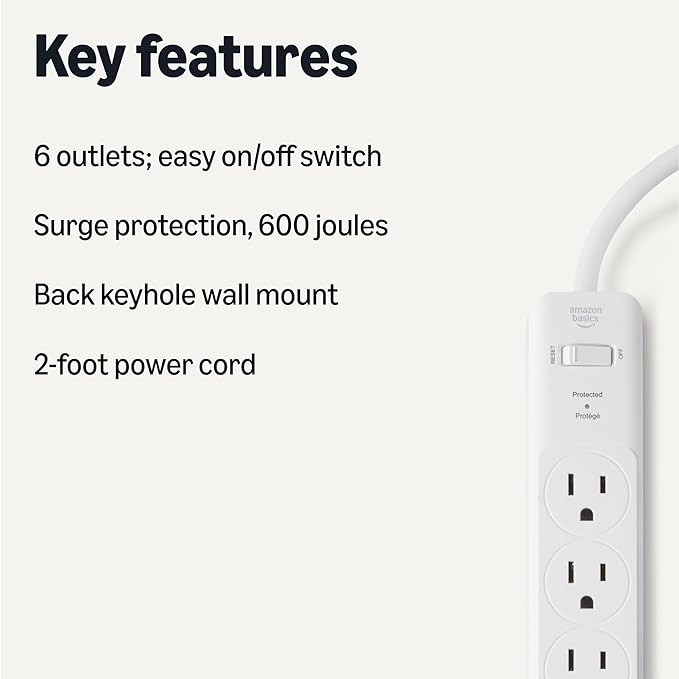 Amazon Basics Rectangle 6-Outlet, 600 Joule Surge Protector Power Strip - Image 2
