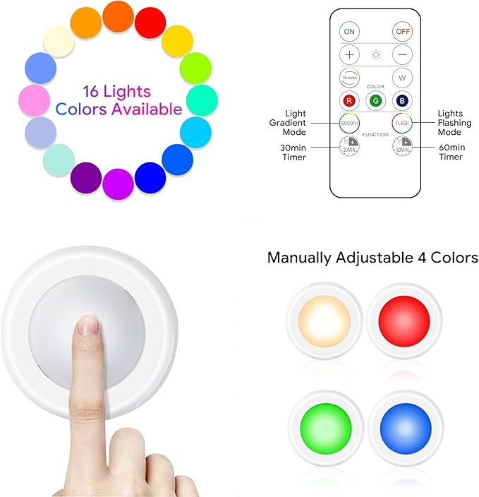 Yiliaw 3 Pack LED Puck Lights Remote Control 16 Color Changeable Under Cabinet - Image 5