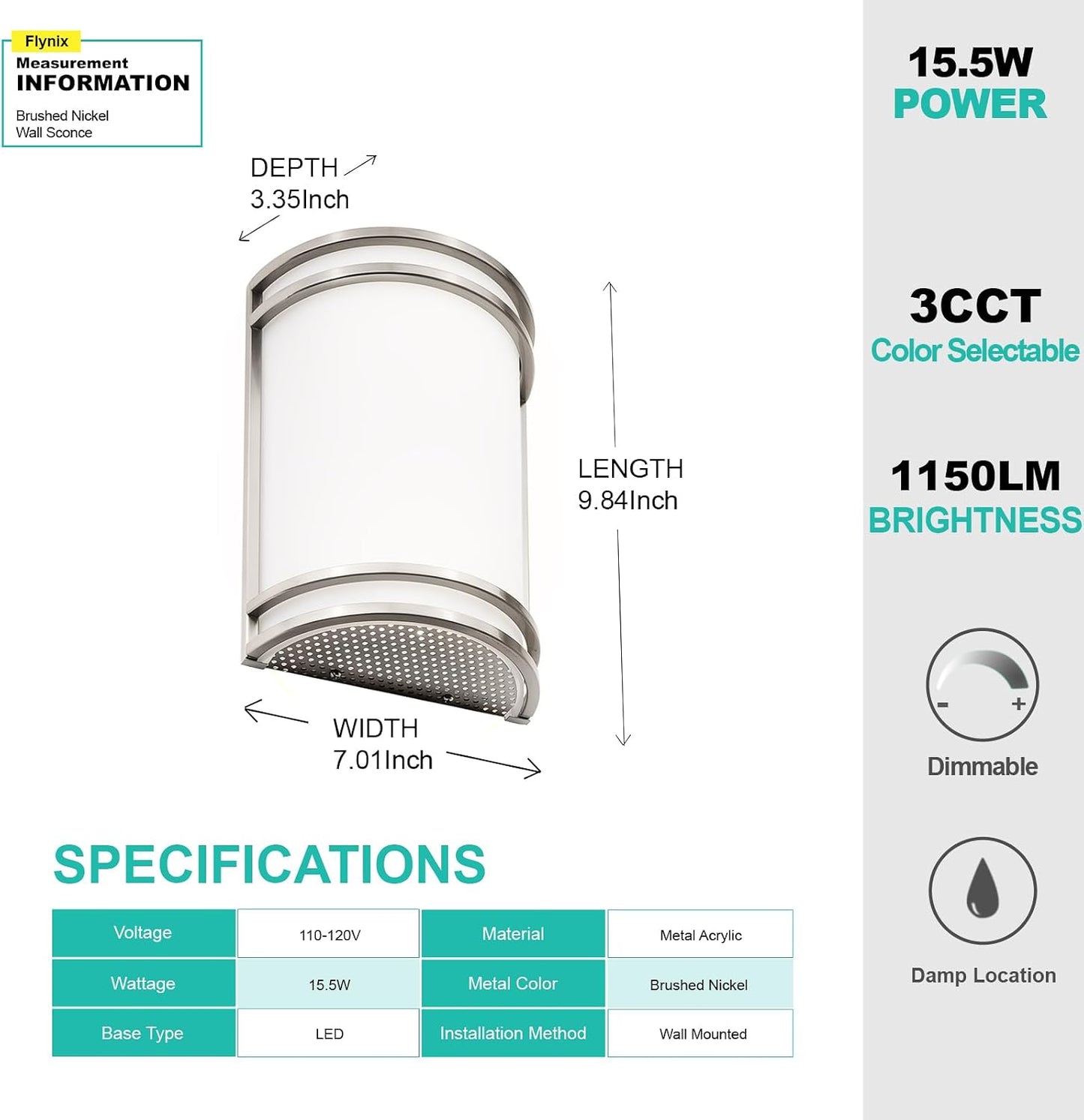 Indoor Wall Sconce, Half Cylinder Wall Light Fixture, 3000K 4000K 5000K Color Temperature Adjustable, Dimmable LED Modern Wall Light for Hallway Bedroom Living Room, Brushed Nickel