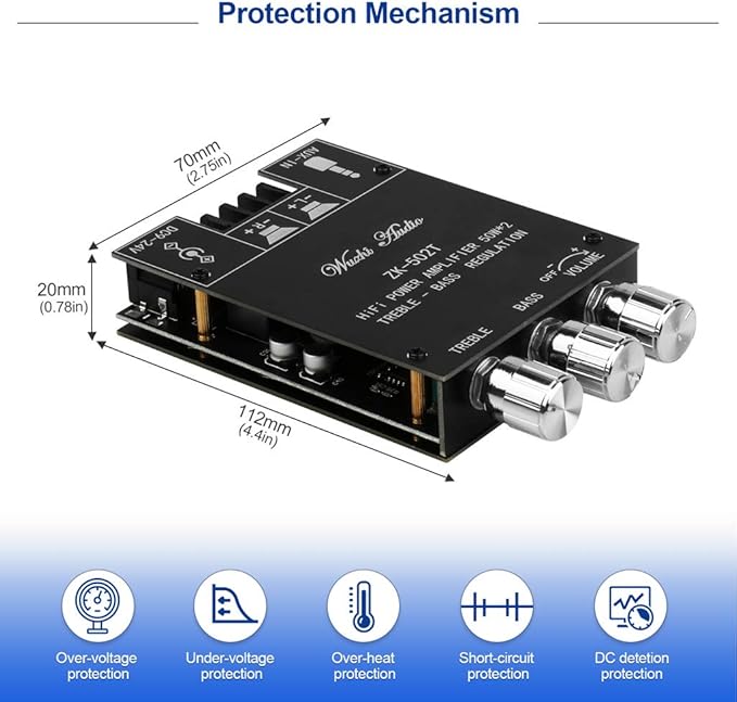 ZK-502T Power Amp Bluetooth 5.0 Audio Amplifiers Board 2.0 Channel 50W+50W AUX - Image 3