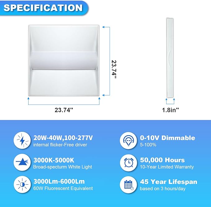 Cortelco 2x2 LED Troffer Light–20W/25W/30W/35W/40W, 4 CCT Selectable - Image 2