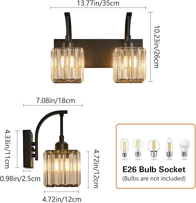 FDPBY Crystal Vanity Lights 2-Light Black Wall Lamp Modern Crystal Bathroom - Image 4