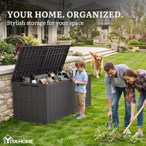 yitahome 134 gallon large outdoor storage box with shown in use