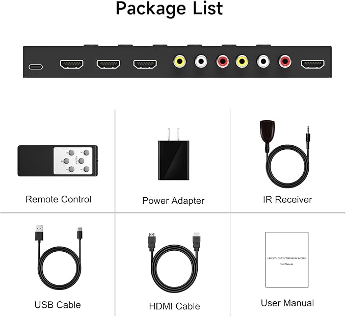 5 in to 1 Out RCA/HDMI Switcher，3 Way HDMI 2.0 + 2 RCA to HDMI Converter - Image 7