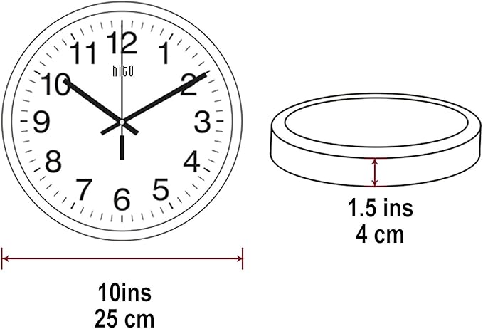 HITO 10” Silent Wall Clock Battery Operated Non Ticking Sweep Movement Glass - Image 2