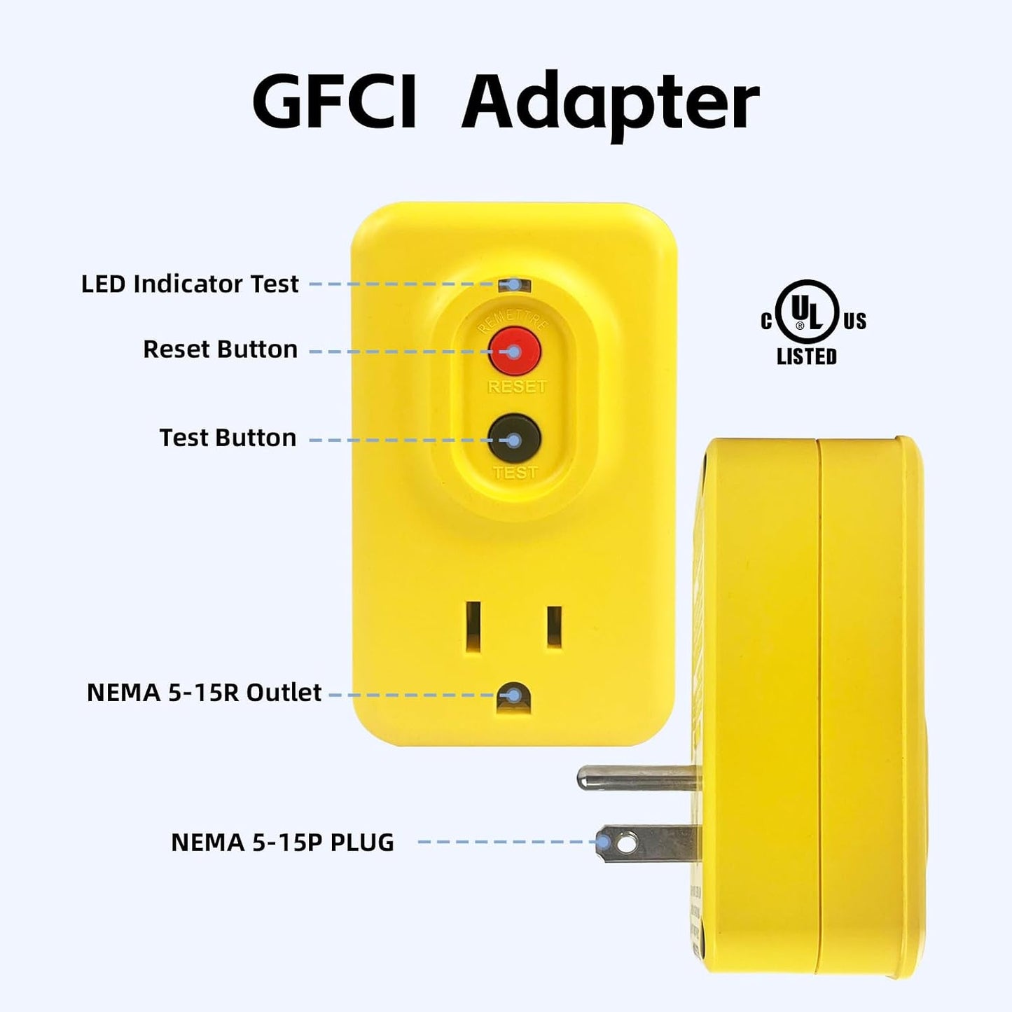 EP GFCI Adapter, 15 AMP Grounded 3-Prong Single Outlet for Indoor Use with Manual Reset, UL Listed, Yellow, 1 Pack