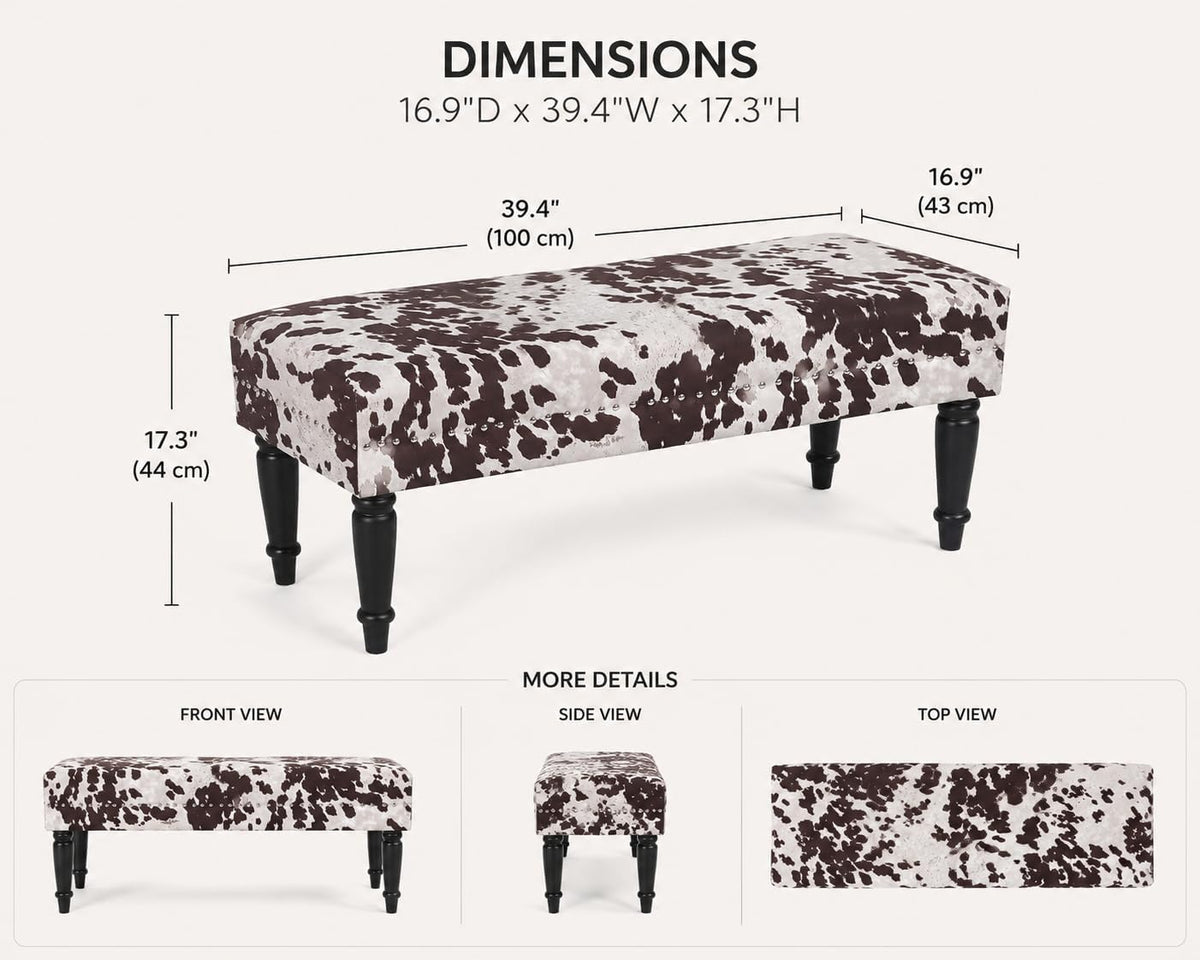 homebeez 39.4" cow print bench, upholstered bedroom cowhide shown in use