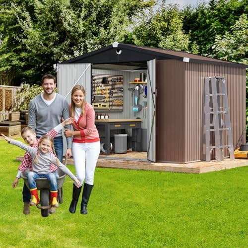 10x8ft metal storage shed, outdoor storage building, front angle view
