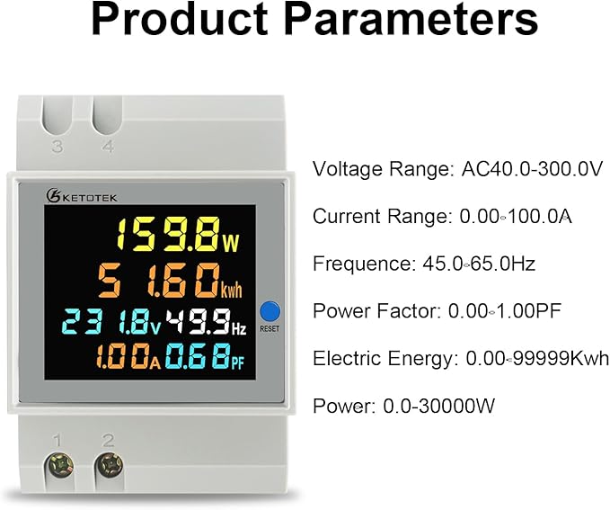 KETOTEK Single Phase Energy Meter Din Rail Electricity Usage Monitor AC 40-300V - Image 3