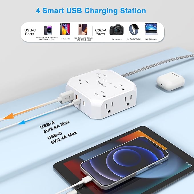 Surge Protector Flat Plug Power Strip, 10Ft Extension Cord - Image 2