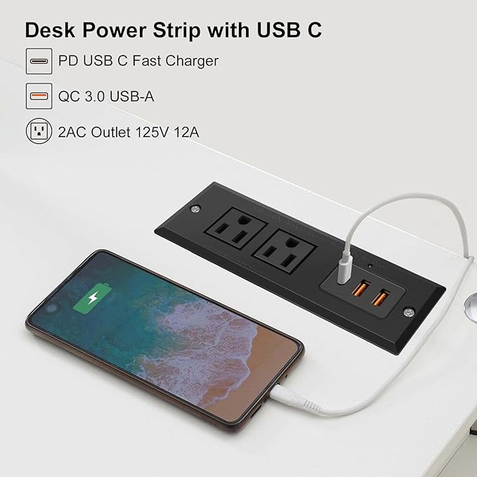 20W Recessed Power Strip USB C Fast Charge Desk Power Outlet Type C Flush - Image 3