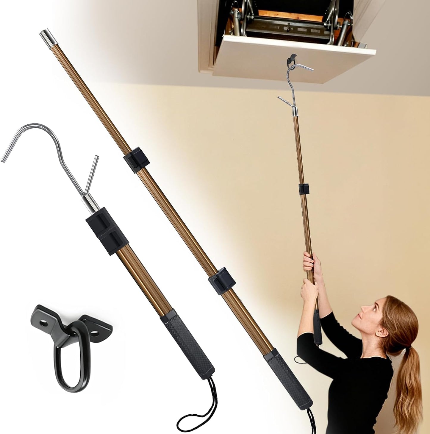 Attic Ladder Pull Down System- attic Pull Down Hook 20-40 InchesTelescoping Extension Rod with D-Ring & Mounting Screws - Replacement for Attic Pull Down Cord