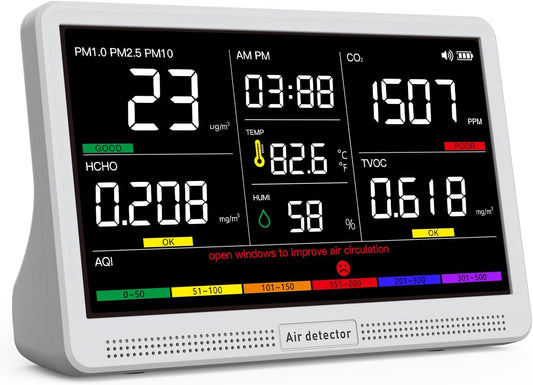 16 in 1 Air Quality Monitor Indoor 7" Display 9 AQI+7 AQI Alerts, CO2 Monitor