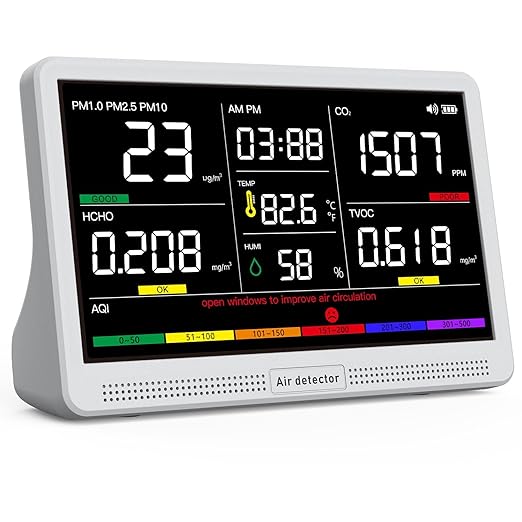 16 in 1 Air Quality Monitor Indoor 7" Display 9 AQI+7 AQI Alerts, CO2 Monitor by YNAK