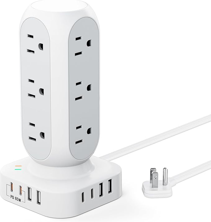 TenTrend 65W Fast Charging Station, Flat Plug Power Strip Tower by TenTrend