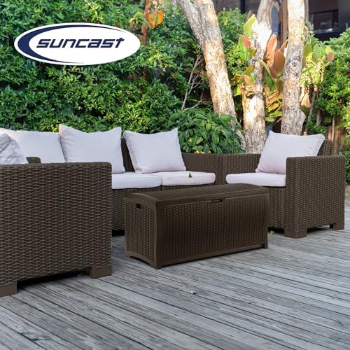 suncast outdoor storage box - 73 gallon mocha showing dimensions