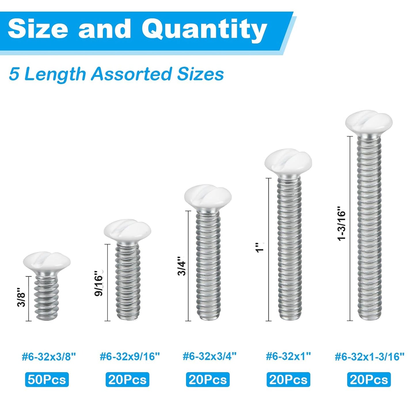 120PCS White Wall Plate Screws Kit, #6-32 Outlet Cover Screws | Electrical Cover Panel Switch Plate Screws 5 Length Sizes (3/8", 9/16", 3/4", 1", 1-3/16")