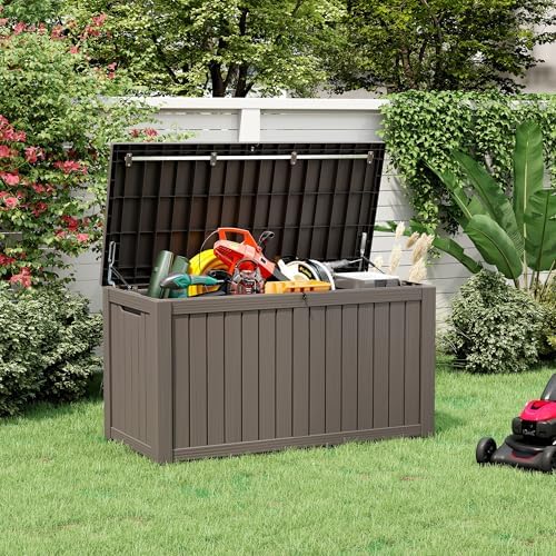 151 gal deck box, outdoor storage box waterproof, front angle view