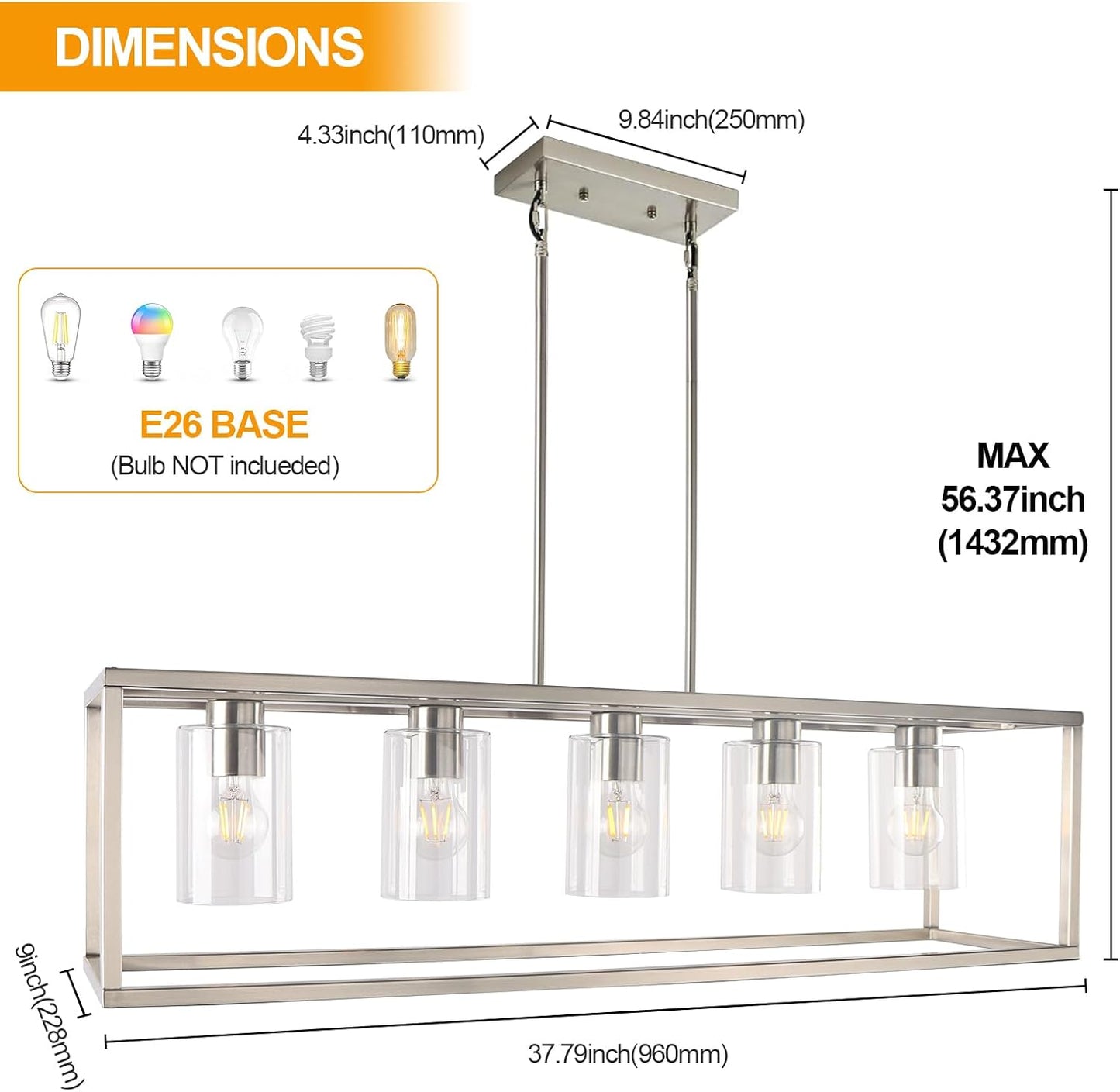 5 Light Chandeliers for Dining Room, Island Room Light Fixture | Sliver Modern Industrial Kitchen Lighting Fixtures Ceiling Easy Installation Pendant Lights for Bar Restaurant-E26 Socket