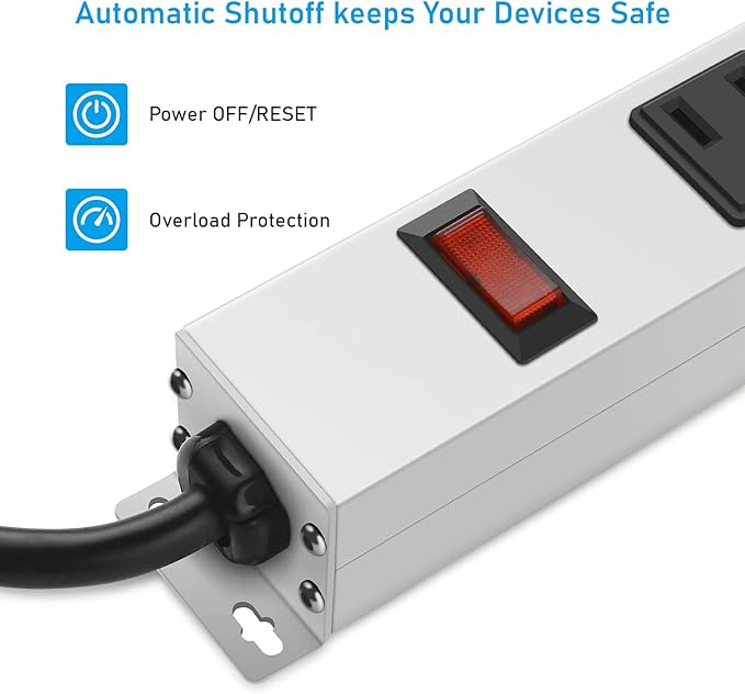 JUNNUJ Metal 12 Outlet Power Strip, Mountable Heavy Duty Power Strip, 1200J - Image 5