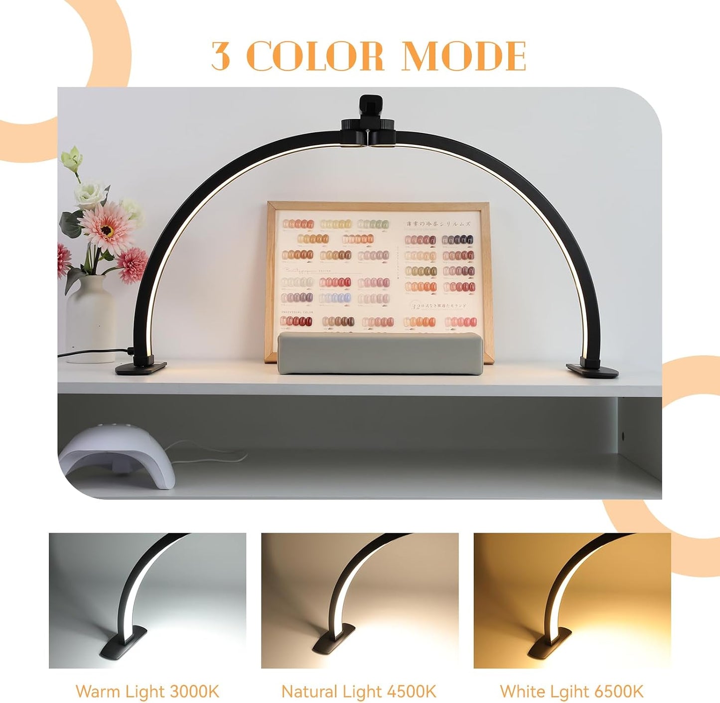 Kadden Foldable Large Half Moon LED Light for Table Nail Desk with Phone Stand, Upgrade Arch Light for Nail Techs with Wire Controller for Manicure Tattoo Beauty (Black, Large)