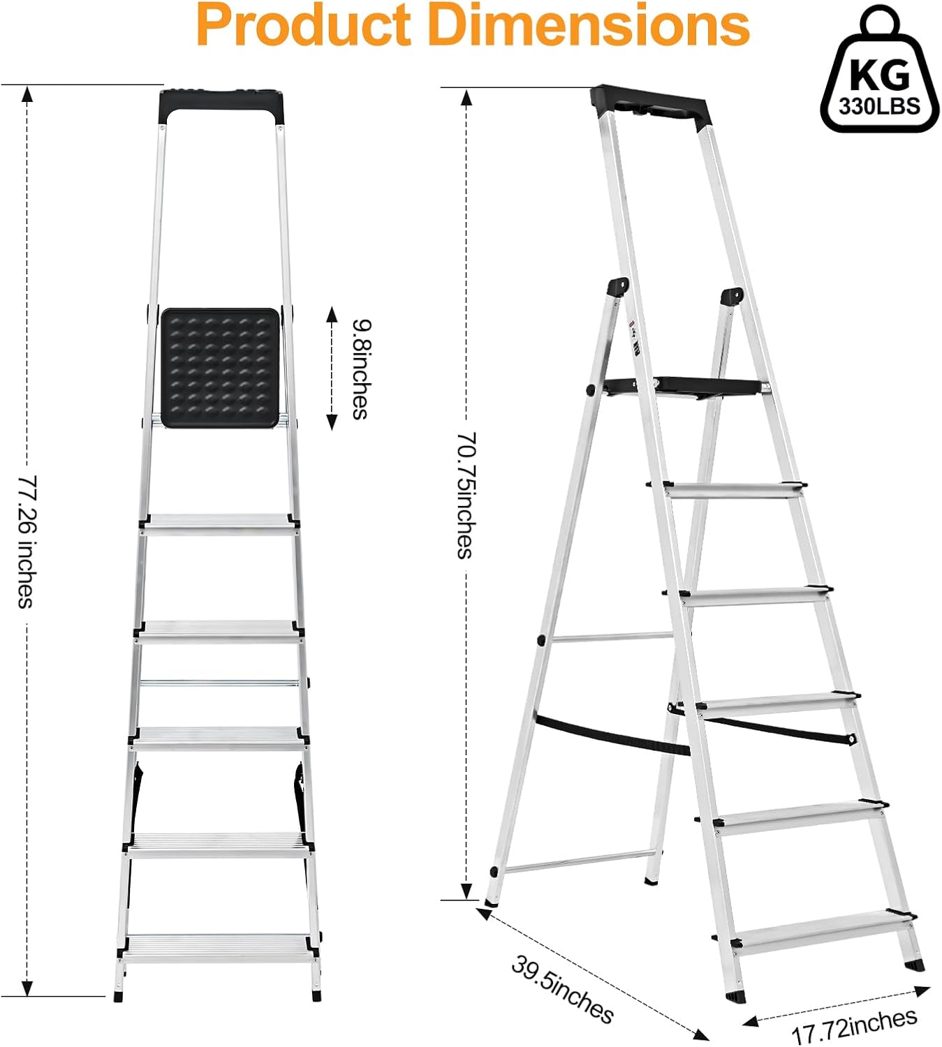 NEWBULIG 6-Step Platform Ladder, 330LB Heavy Duty Aluminum Folding Step Stool with Textured Anti-Slip & Safety Handrail, Multi-Use Household Ladder for Kitchen, Garage, Courtyard Indoor/Outdoor