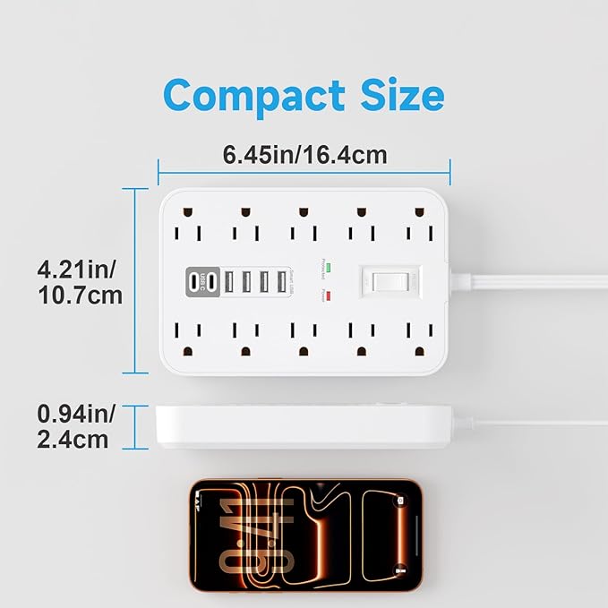 Flat Extension Cord with USB and USBC Ports, 5FT Extension Cord with 10 AC - Image 7