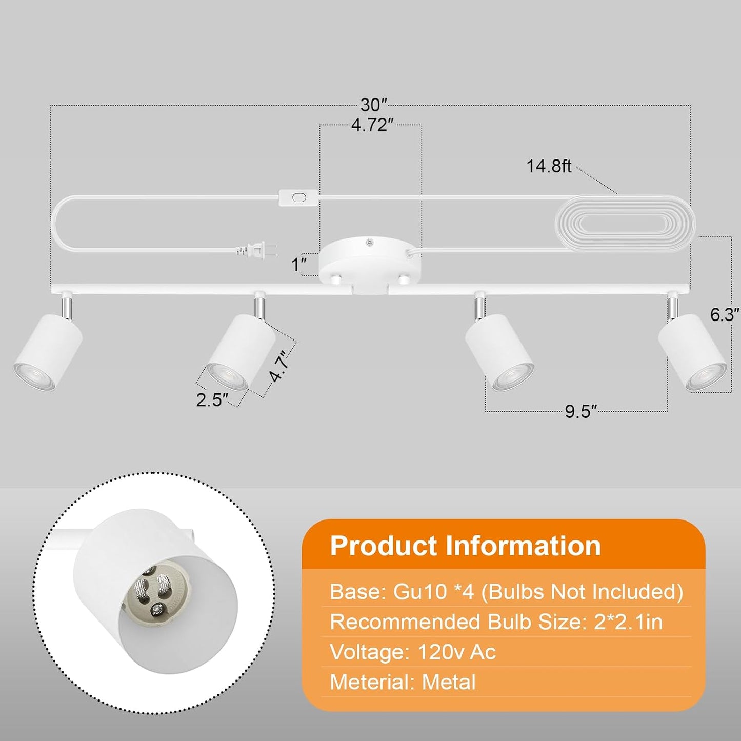 Plug in Track Lighting LED, Track Lighting Fixtures Ceiling, White 4-Light Kitchen Light Kit, Plug in Wall Light with 14.8ft Power Cord, Rotatable Ceiling Spotlight for Bedroom(GU10 Socket, NO Bulb)